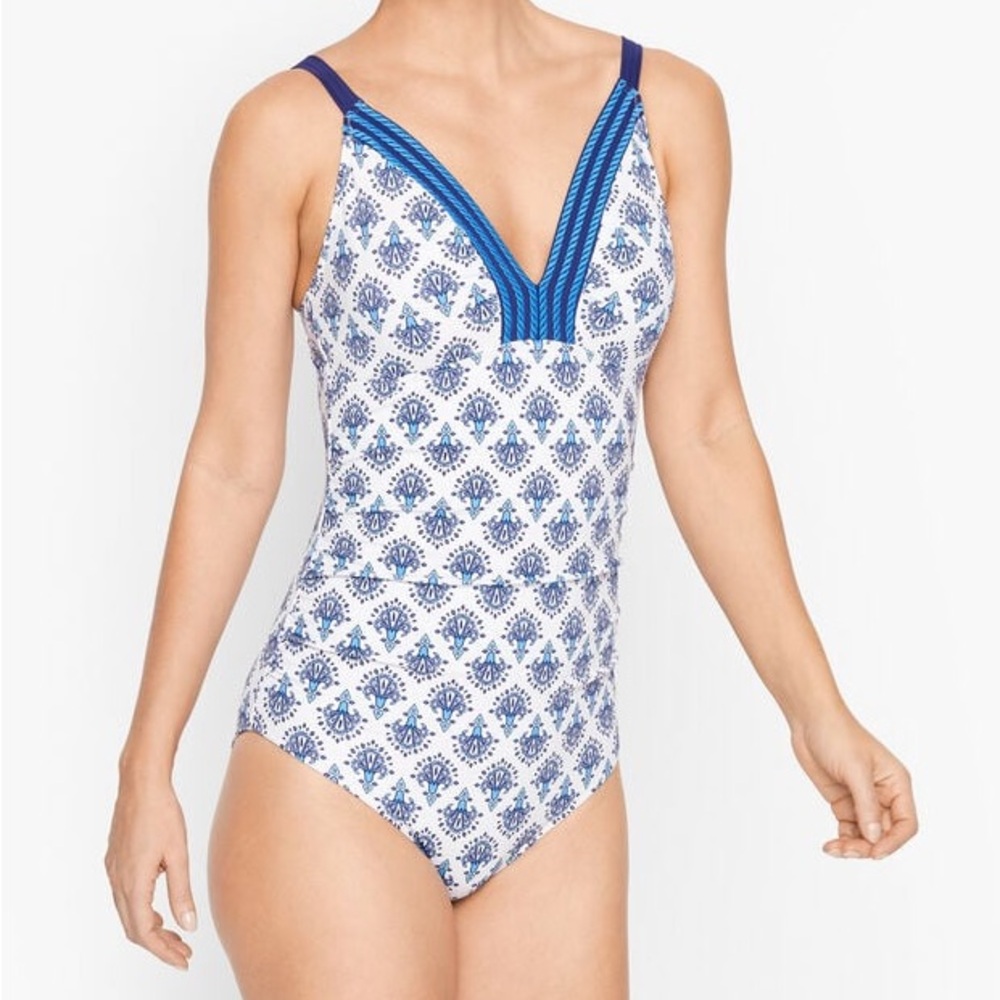 Cabana Life x Talbots Embroidered One Piece Swimsuit Blue White Patterned M